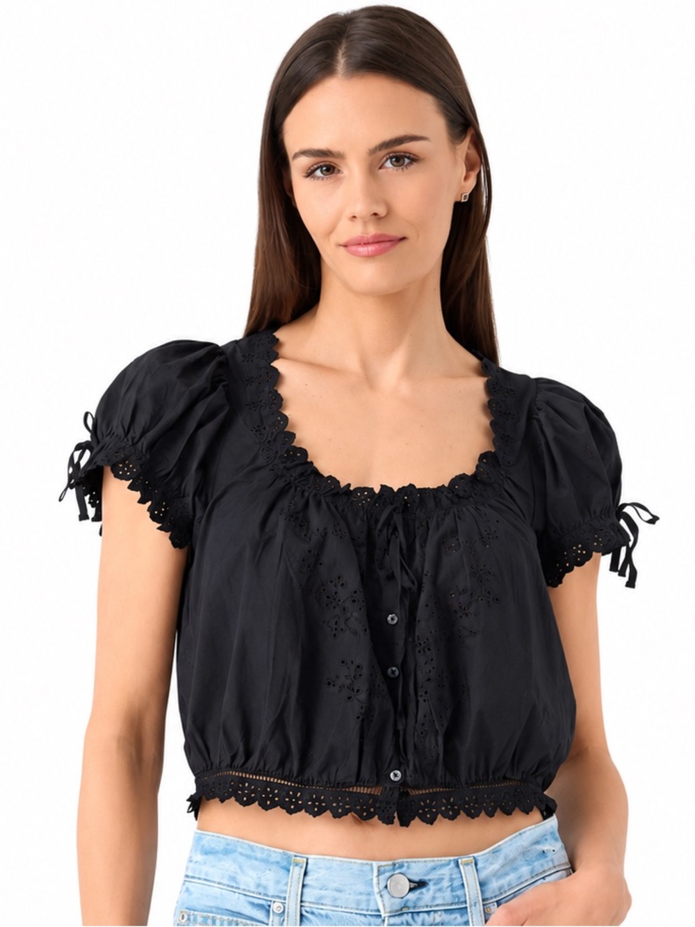 DÔEN Nera INSPIRED Top by House of Harlow 1960 - Black Eyelet Lace Blouse XS or